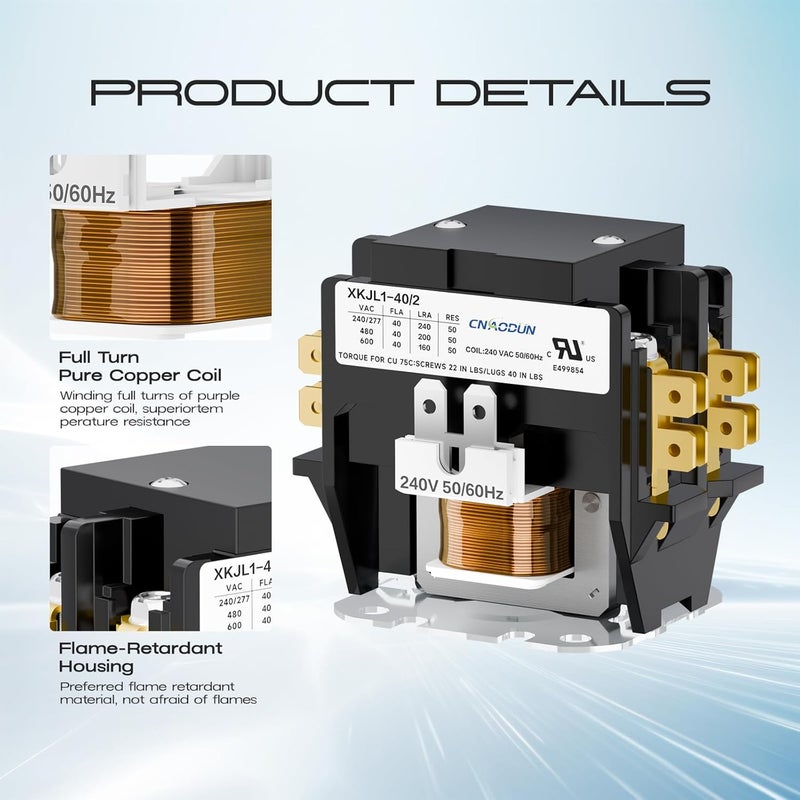 cnaodun HVAC Contactor Air Conditioner Contactor 2 Pole 40 Amp 240V Coil Compatible with Condenser,Compressor,Air Conditioner,Refrigeration Systems,Heat Pump - Image 3